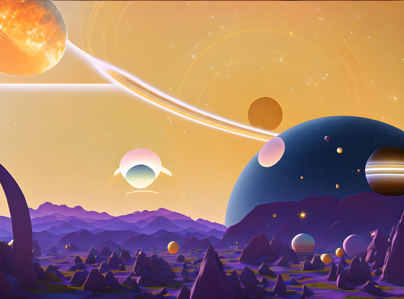 Colorful sci-fi landscape featuring planets, comet, and starry sky.