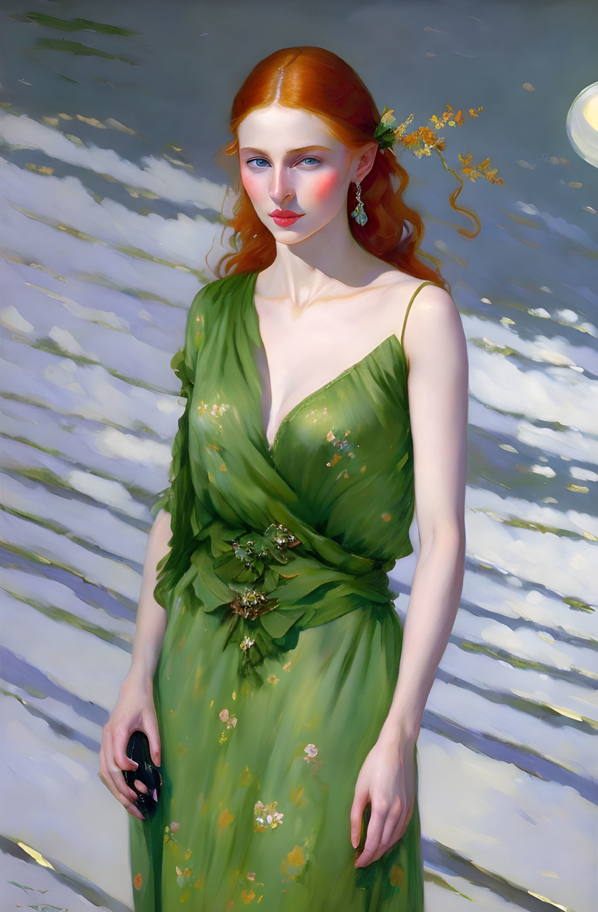 Red-haired woman in green dress with sunglasses against wavy light background