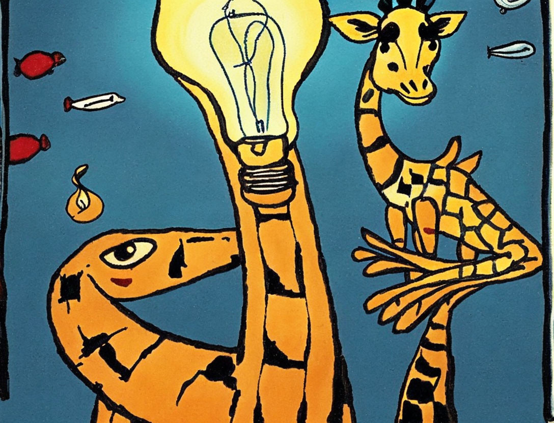 Whimsical giraffe and snake with lightbulb in symbolic illustration