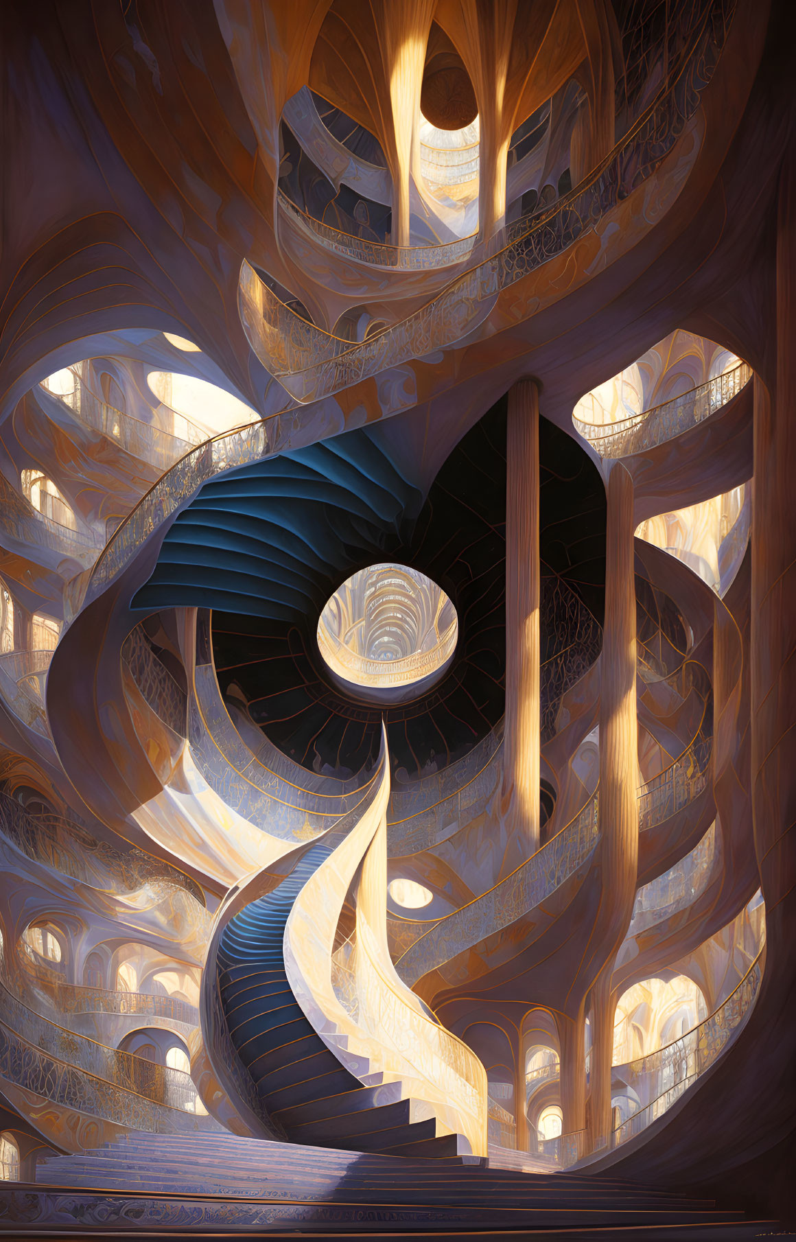 Intricate spiral staircase in ornate interior with golden light