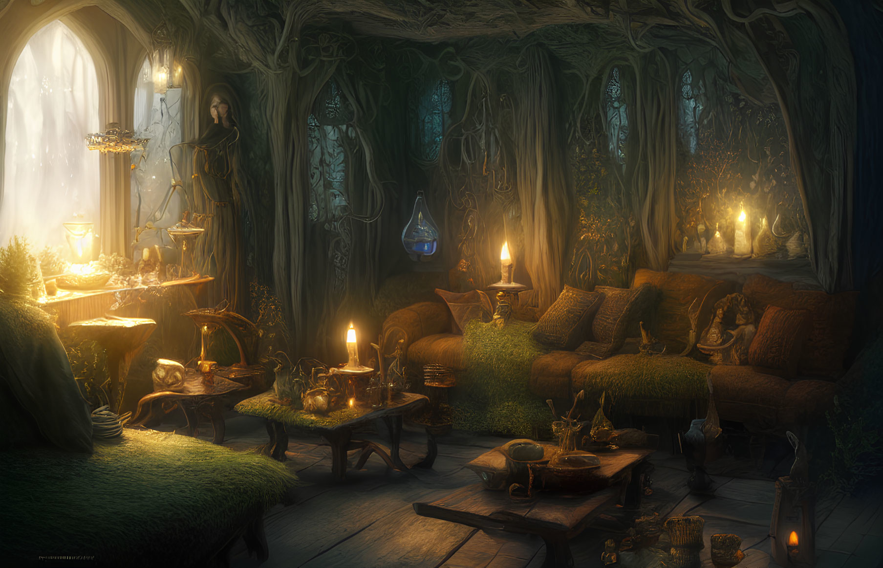 Mystical candlelit interior with lush greenery and figure by window