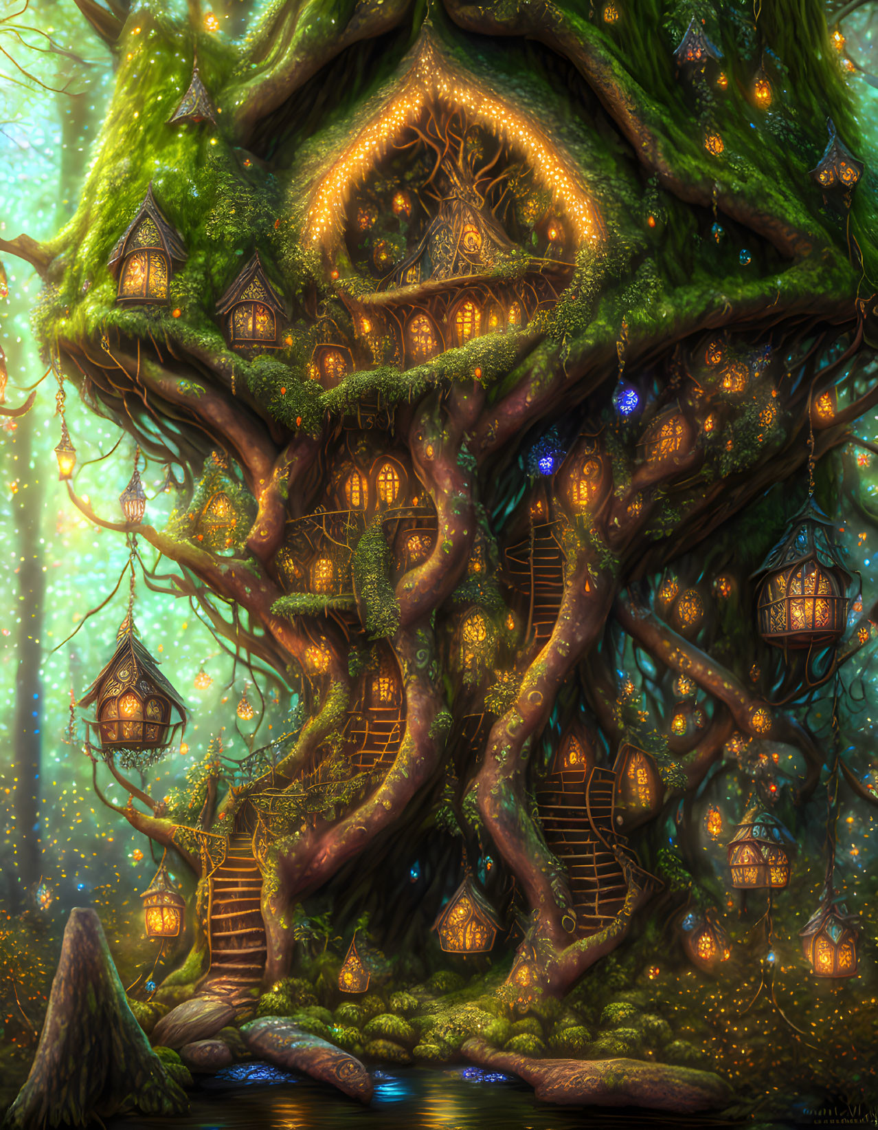 Enchanting tree with glowing lanterns and intricate homes in serene setting