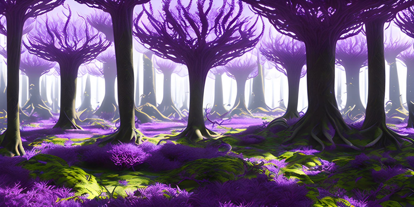 Mystical Purple Forest with Towering Trees and Vibrant Flora