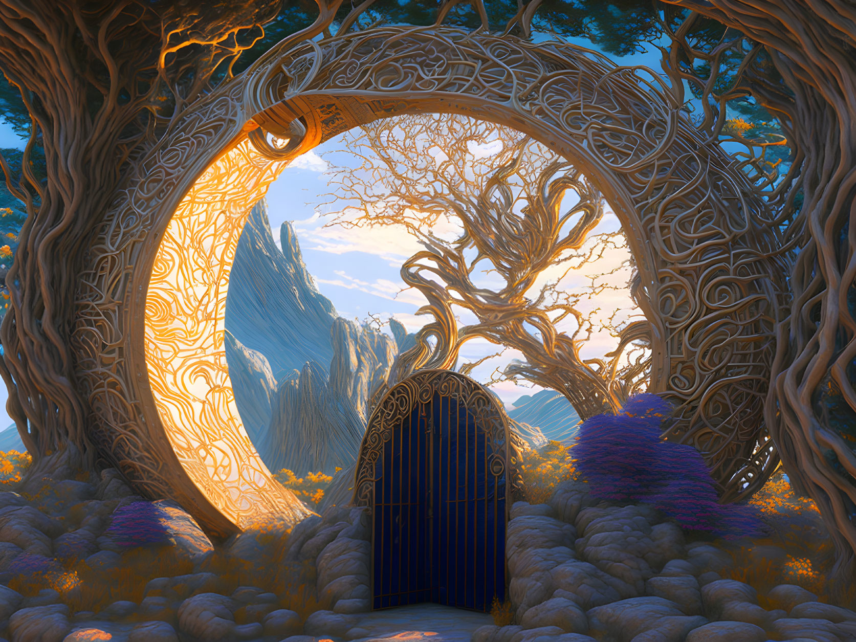 Circular Tree Gateway Revealing Mountain Landscape at Sunset