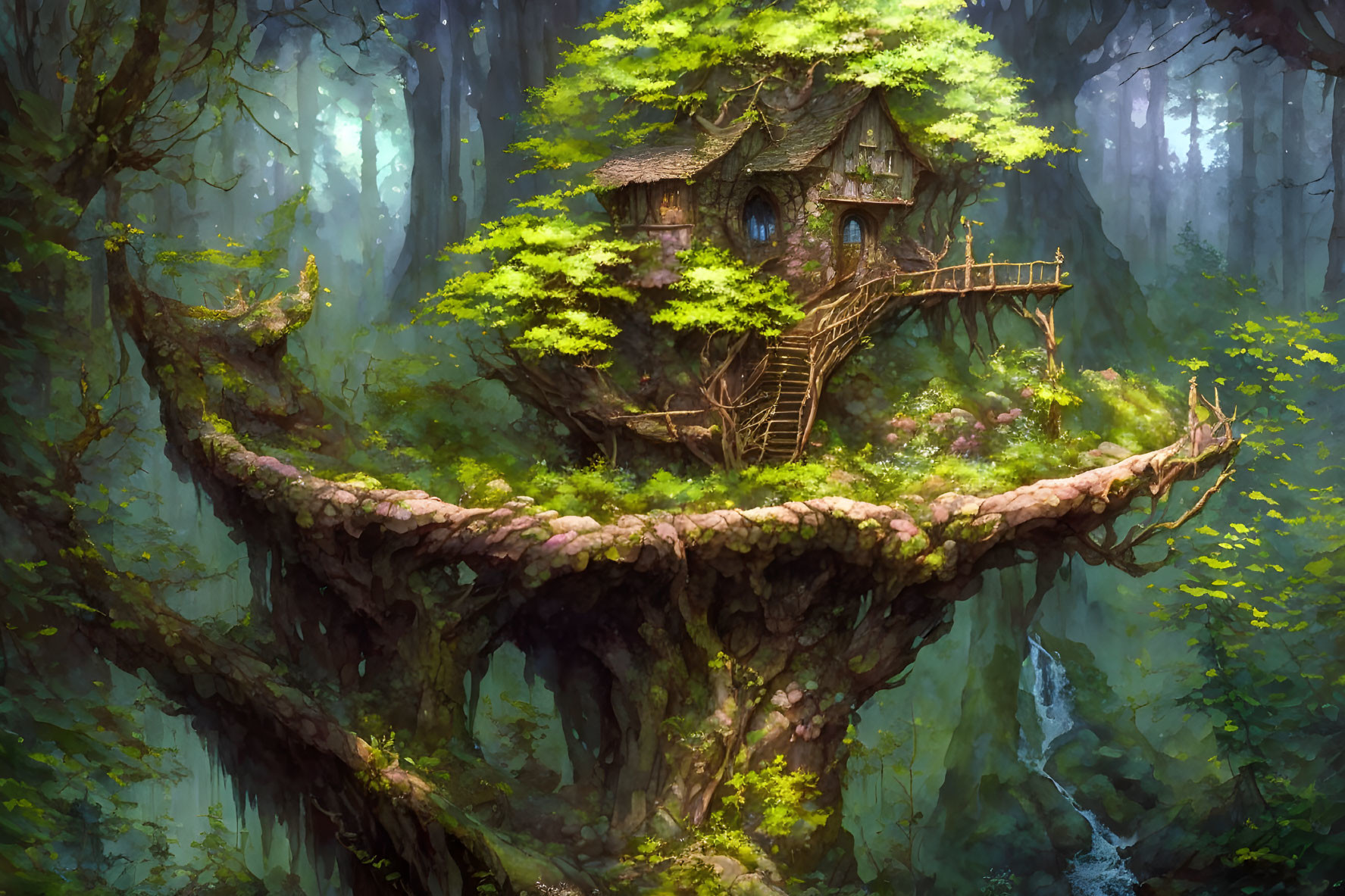 Treehouse on floating island in misty forest with waterfall