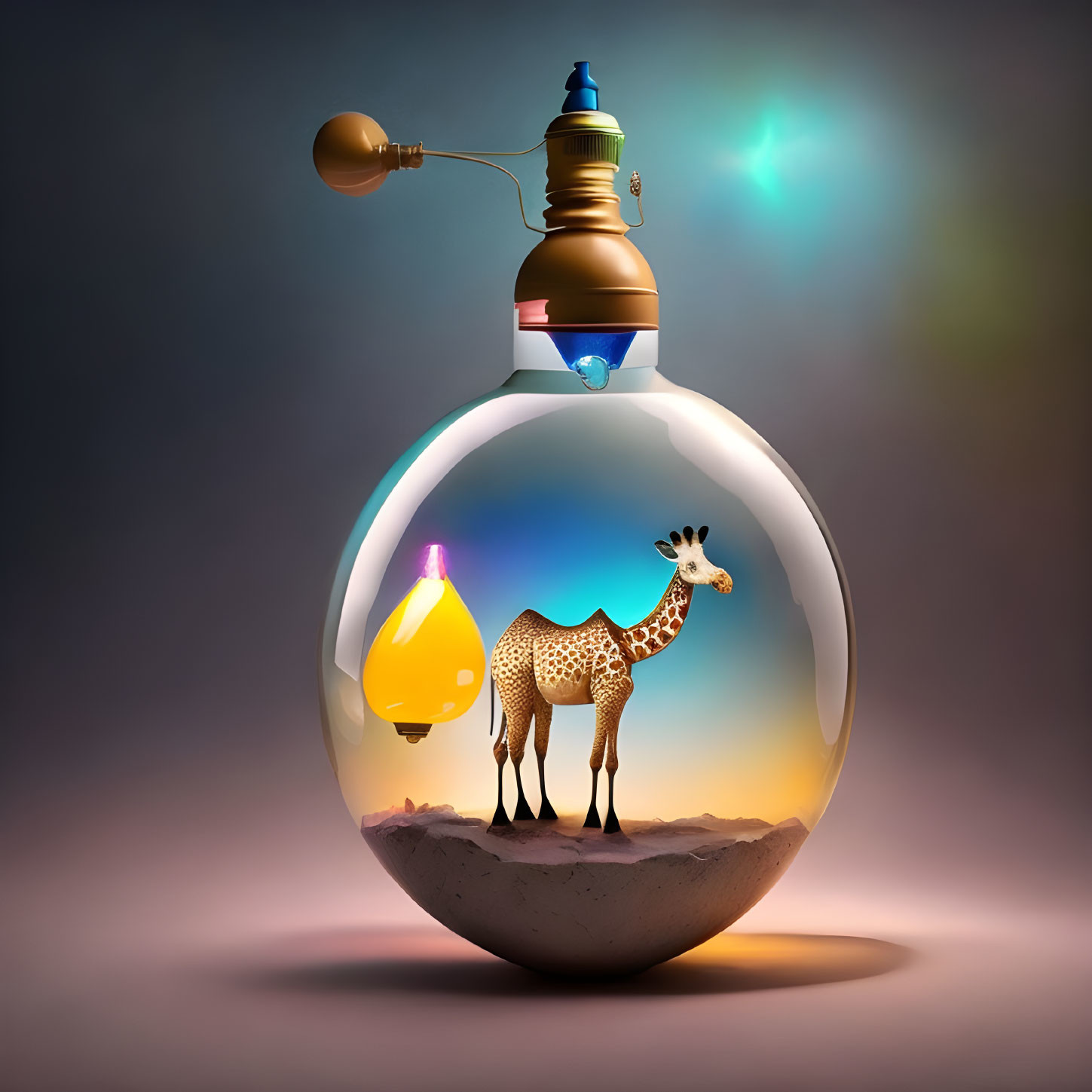 Surreal image: Giraffe in lightbulb terrarium with sun and water droplet