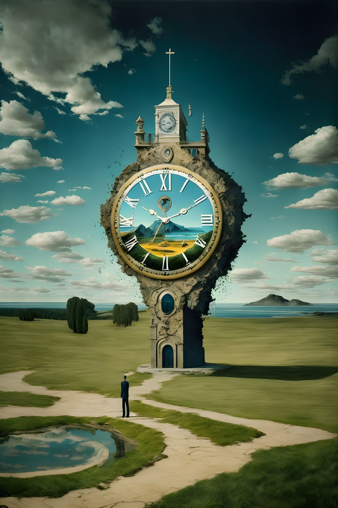 Surreal clock-face tower disintegrating in serene landscape