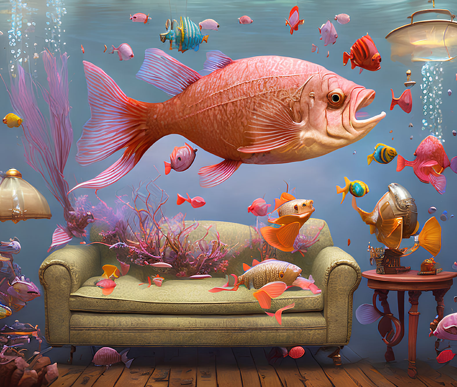 Colorful Fish Swim in Vintage Living Room Setup