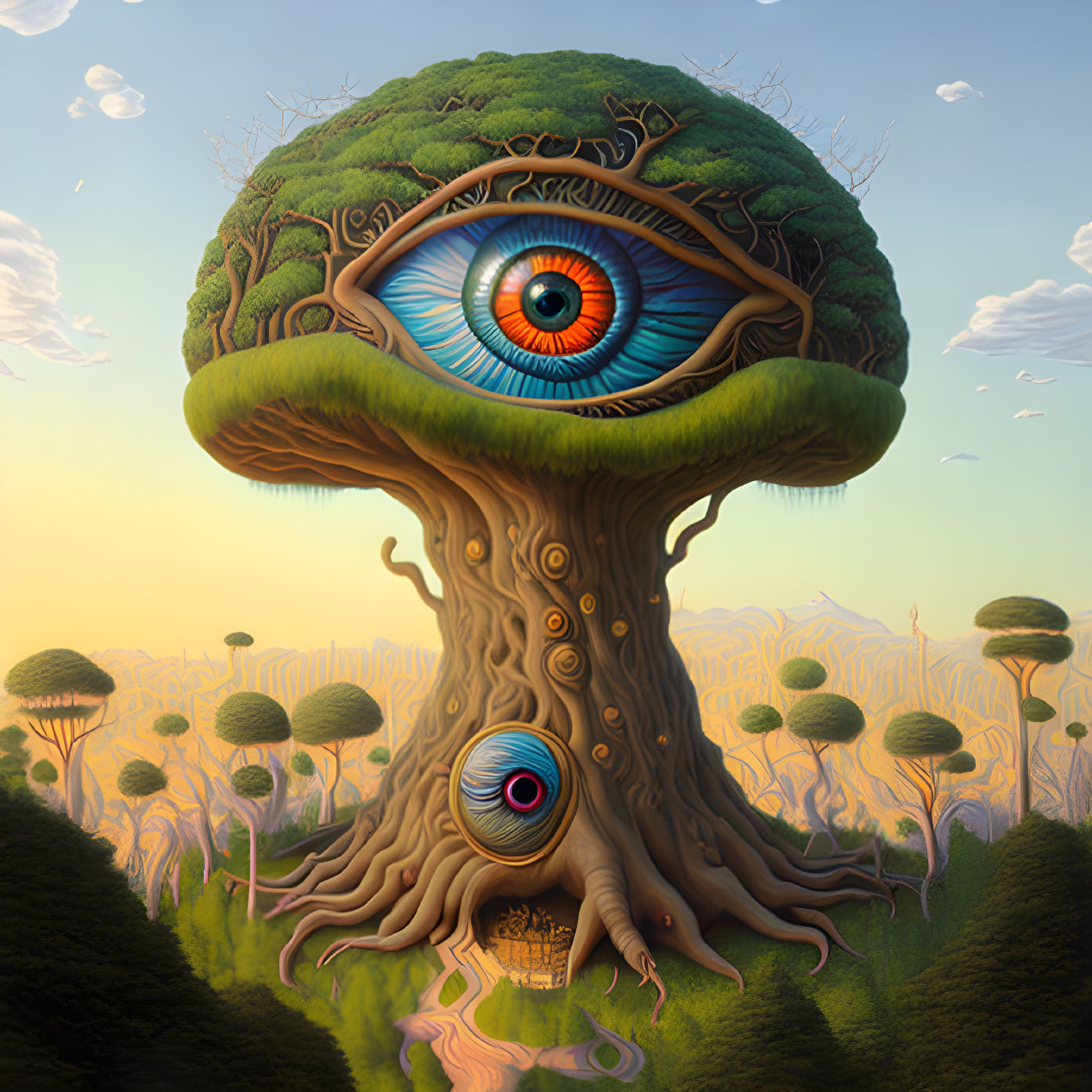 Surreal illustration: tree with human eye canopy in fantastical forest