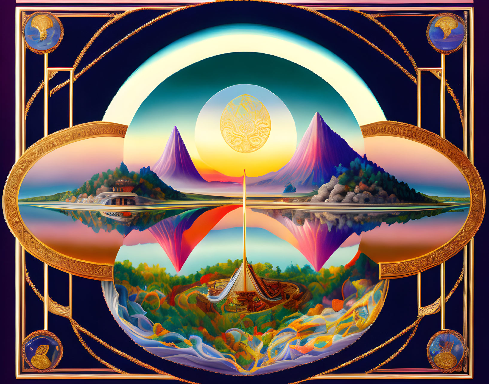 Symmetrical landscape artwork with mountains, sun orb, reflective water, ornamental borders