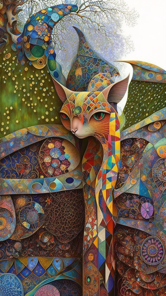 Colorful artwork featuring stylized cat among peacocks and intricate patterns