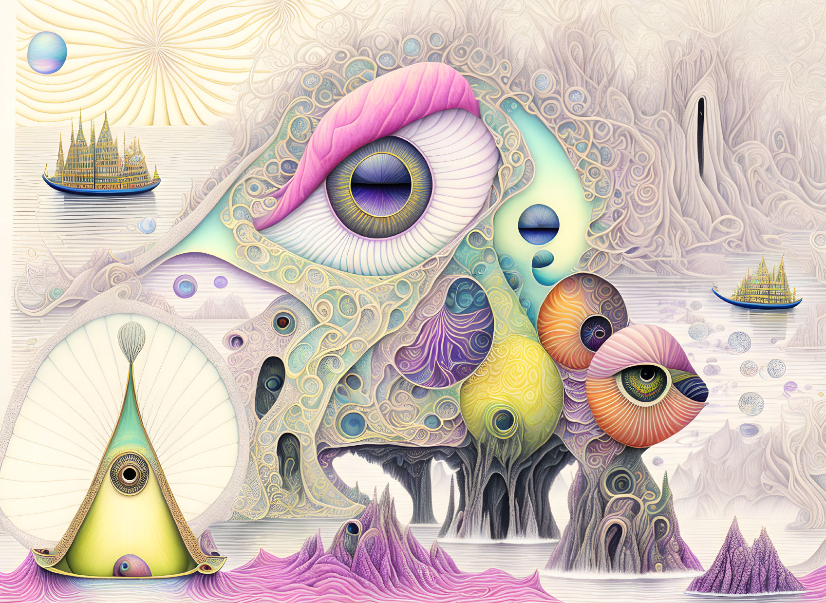 Colorful Psychedelic Artwork with Surreal Eyes and Abstract Shapes