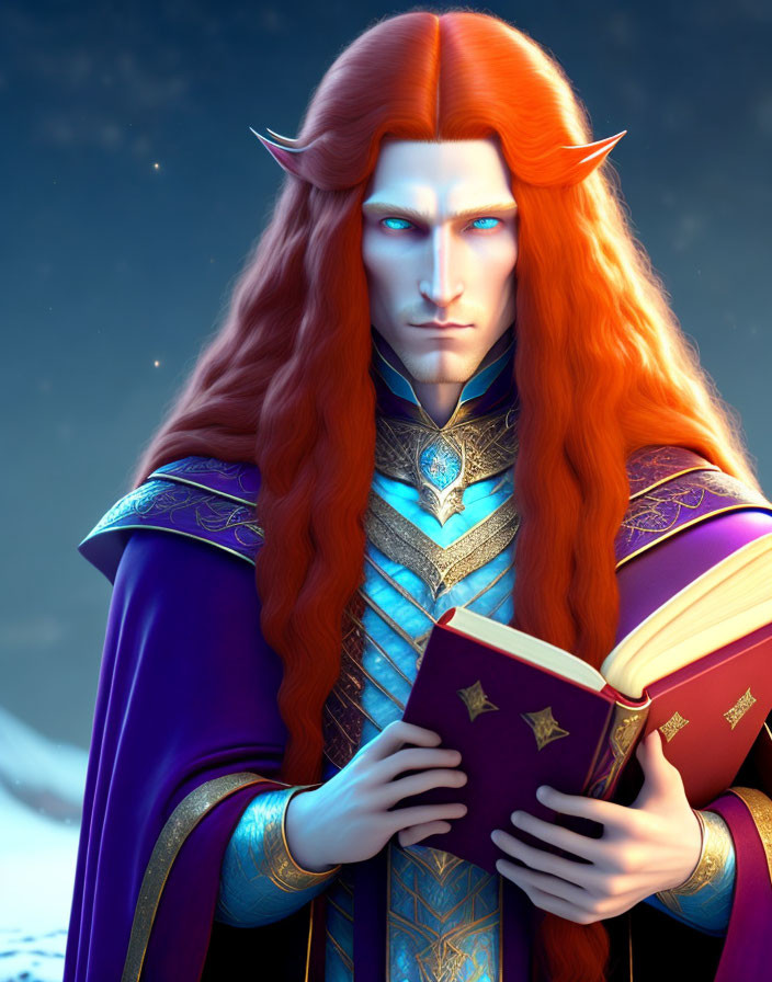 Red-haired elf in blue robe with starry book under night sky