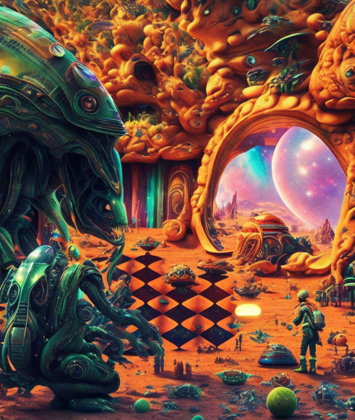 Surreal sci-fi landscape with humanoid figure and robot in cosmic setting