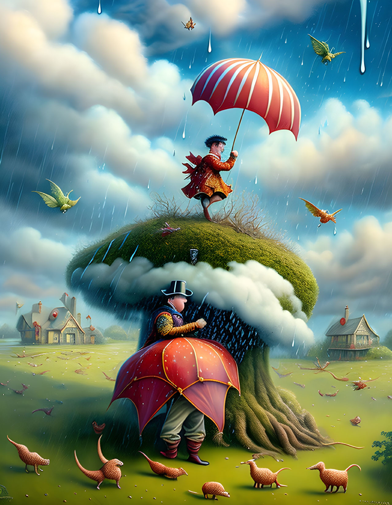 Whimsical artwork: grassy knoll, man and knight with umbrellas, animals floating