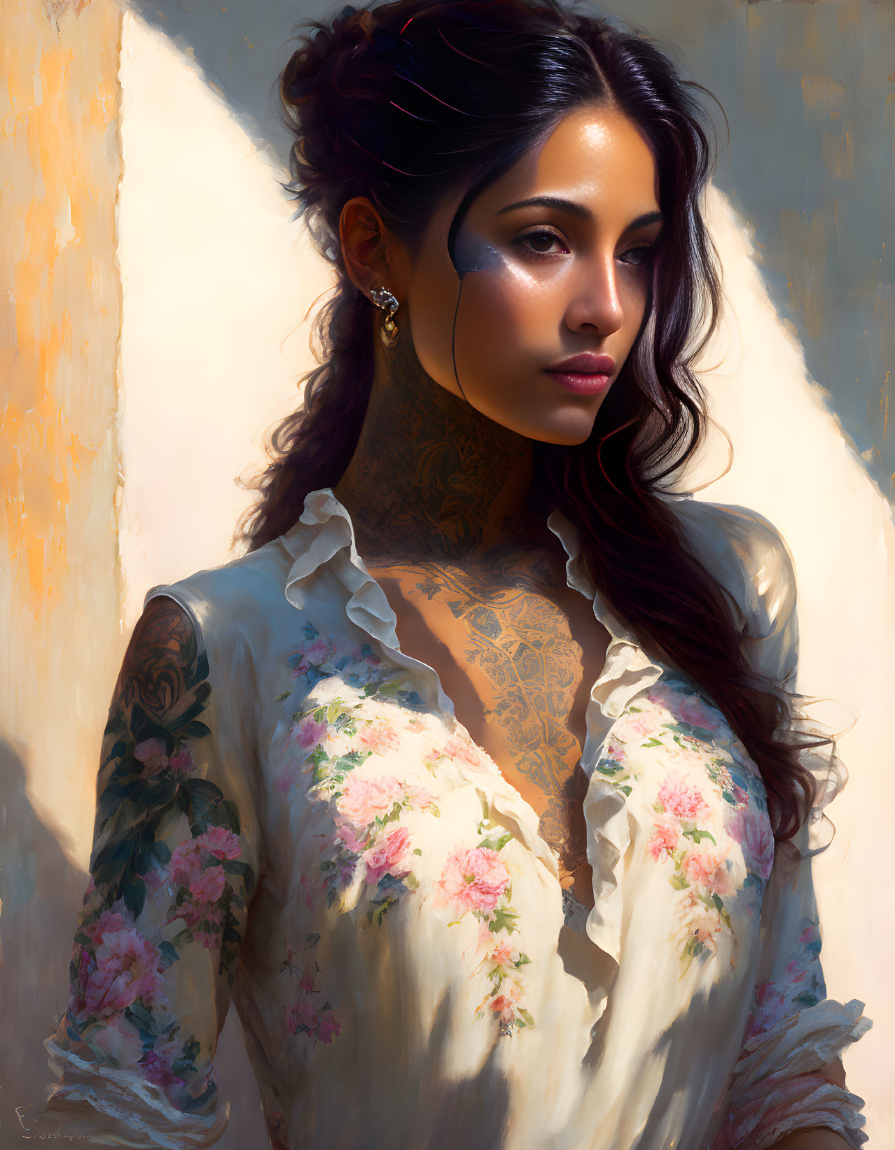 Digital Painting: Woman with Tattoos in Floral Blouse