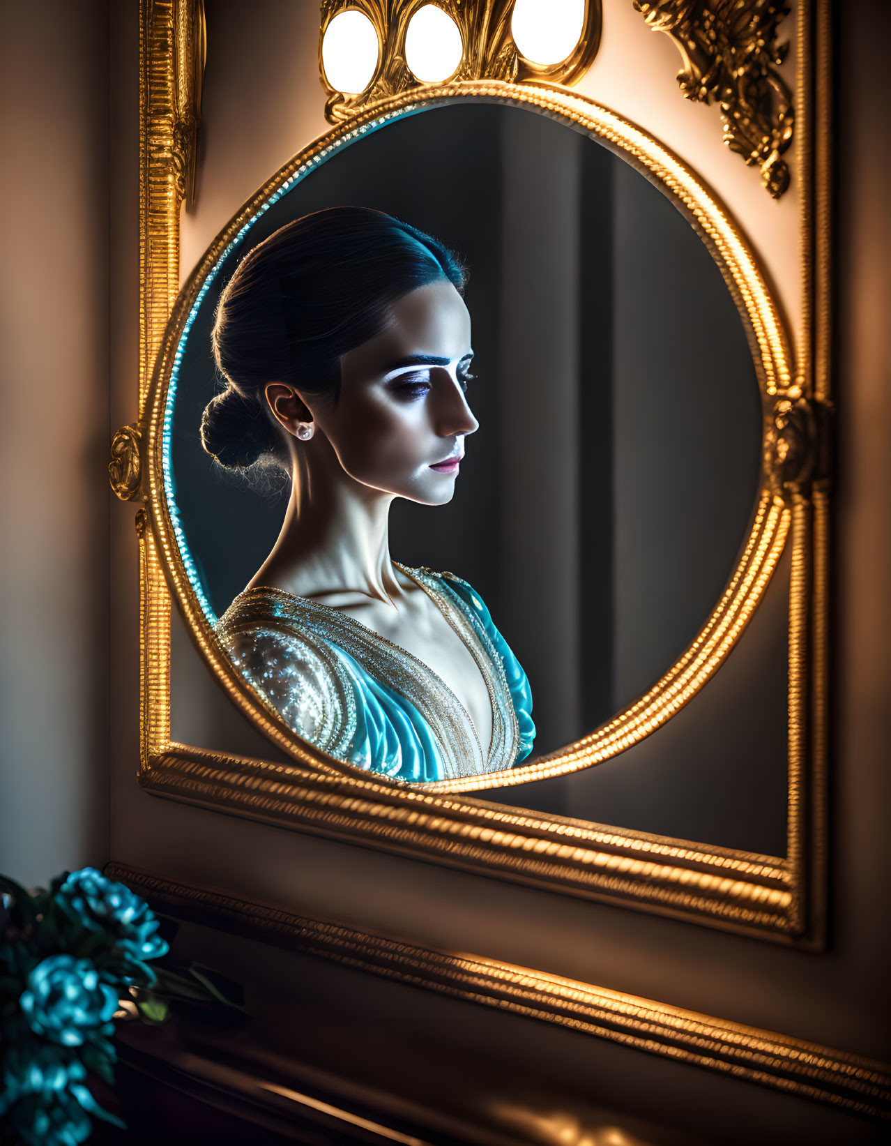 Vintage dress woman reflected in ornate mirror with warm lighting