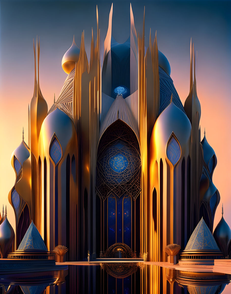 Futuristic palace with sleek spires and blue circular window at twilight