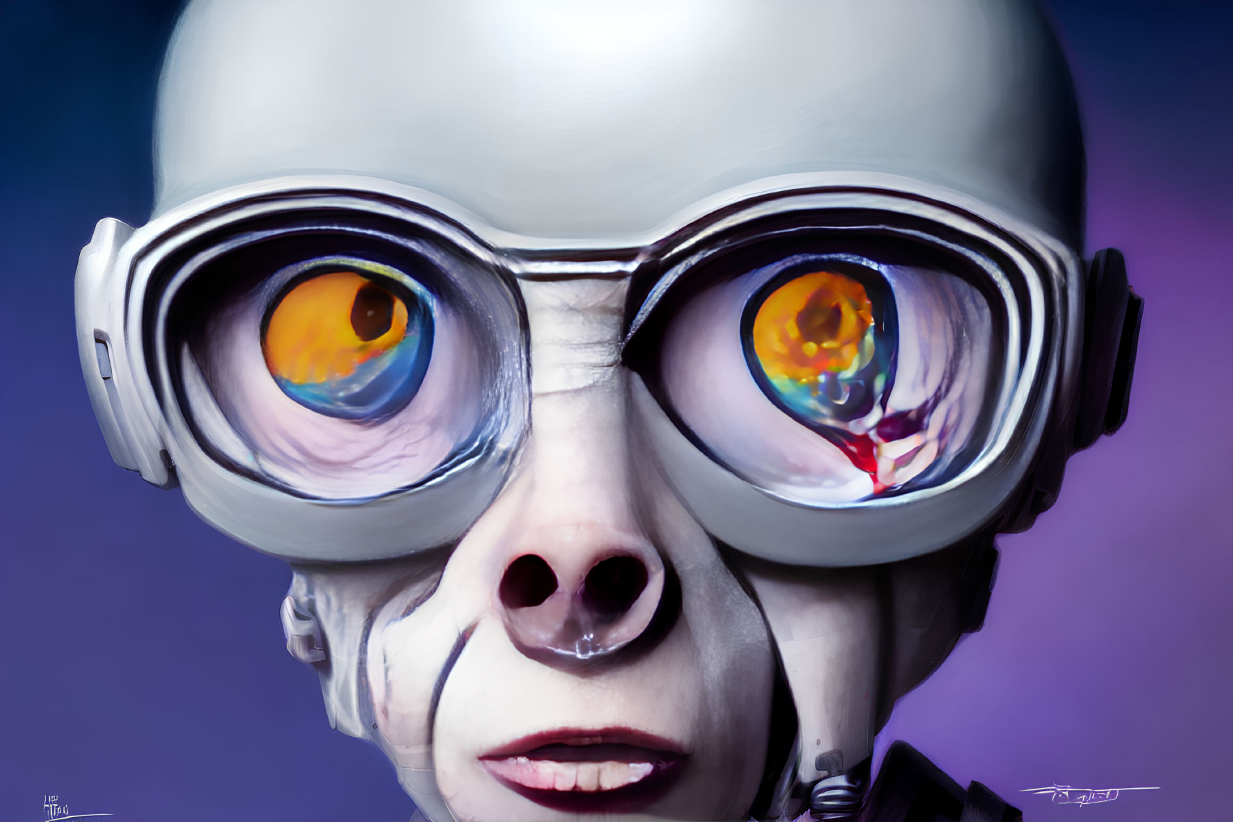 Character portrait with large goggles and futuristic elements on blue background