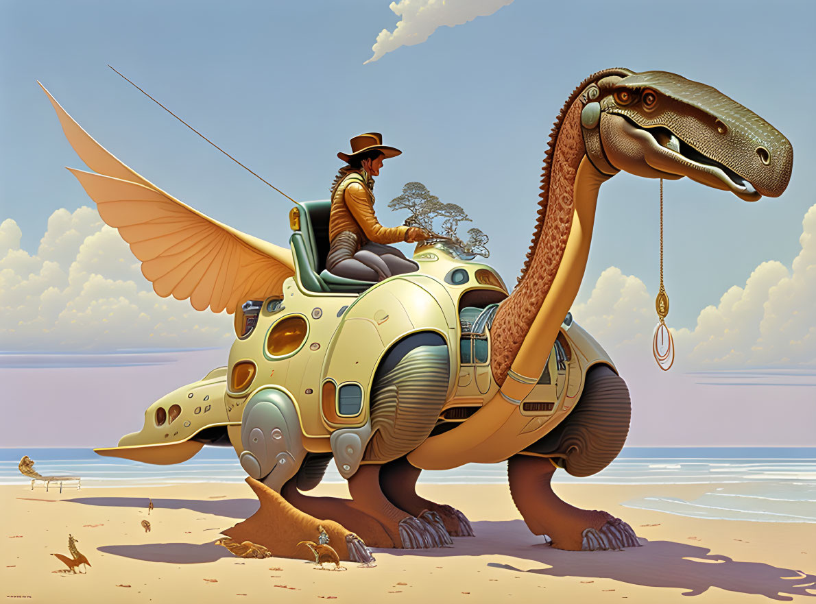 Illustration of two figures on winged dinosaur in desert landscape