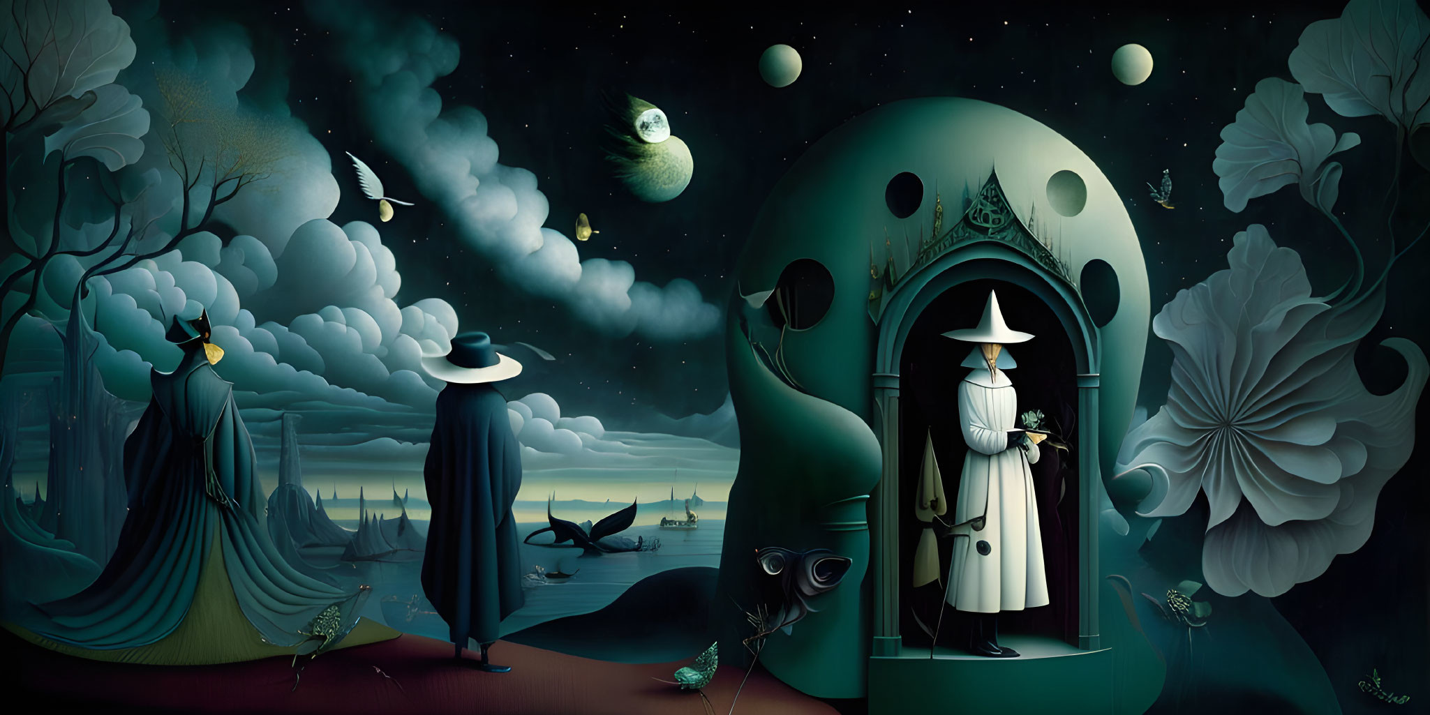 Surrealist landscape with cloaked figures and celestial objects