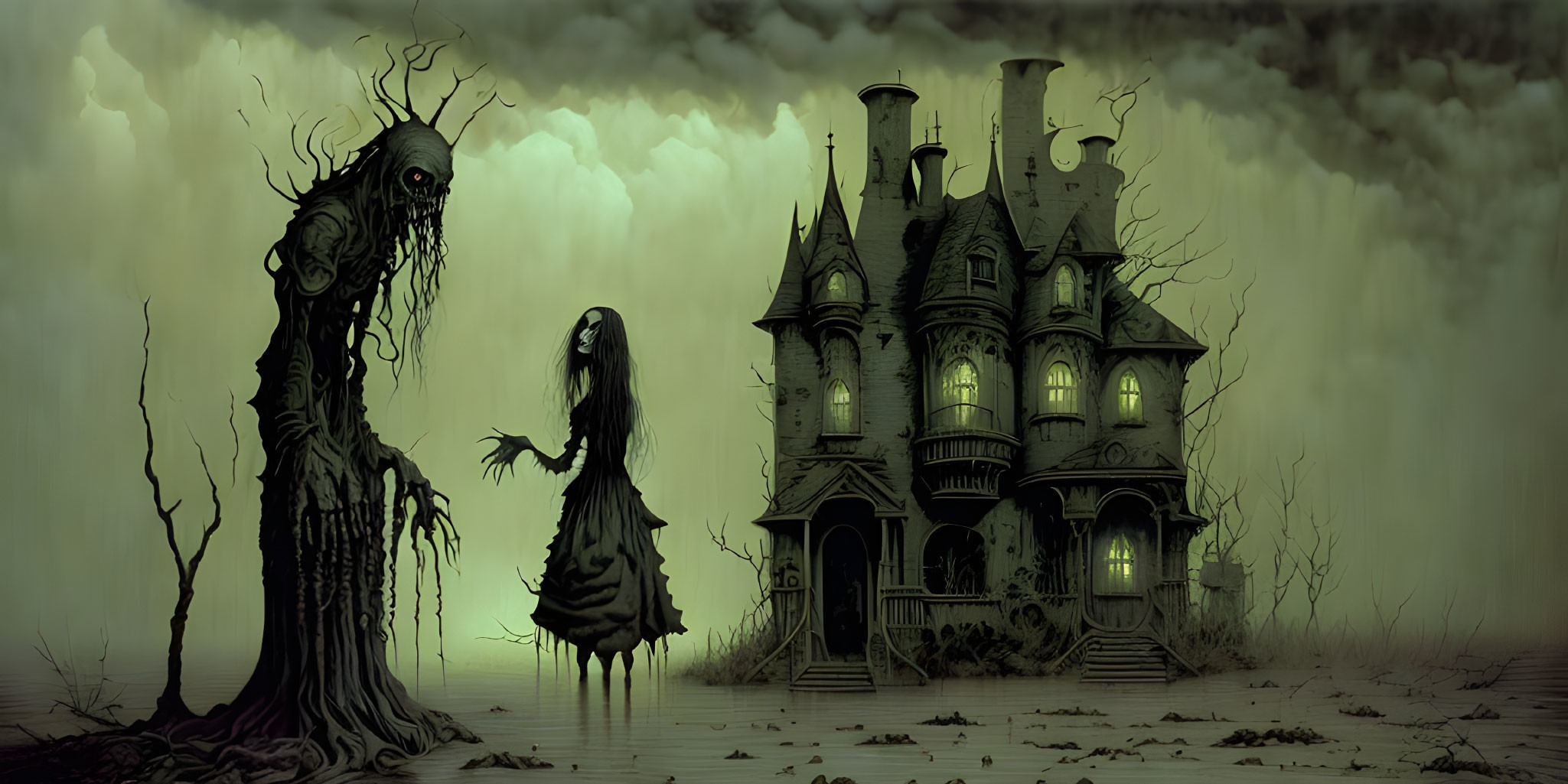 Ghostly figure in front of haunted house with sinister tree & foreboding clouds