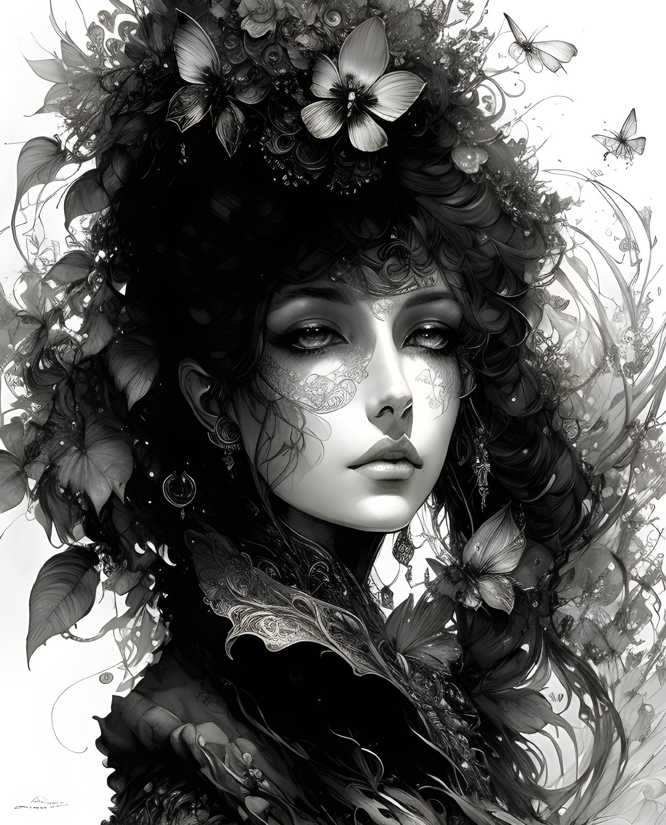 Monochromatic artwork: Woman with floral headpiece, butterflies, lace details.