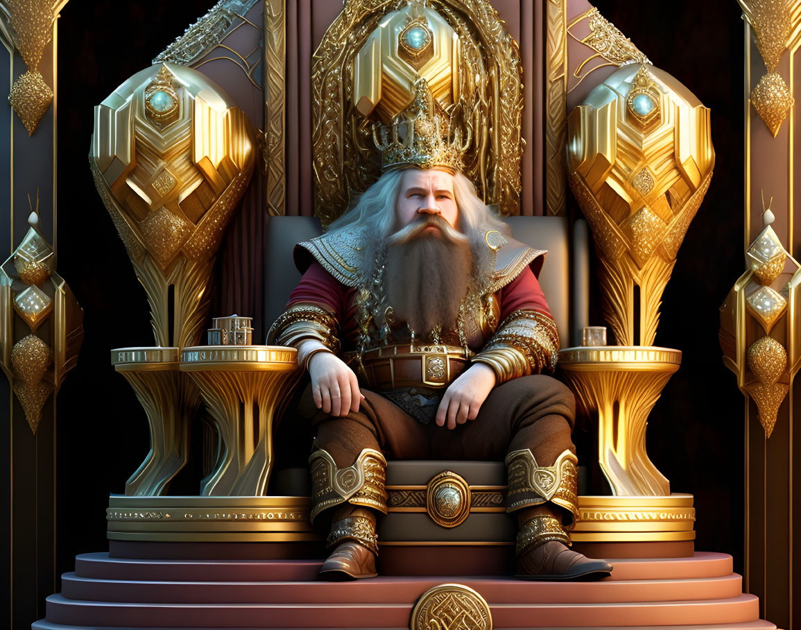 Regal bearded king on golden throne with royal regalia