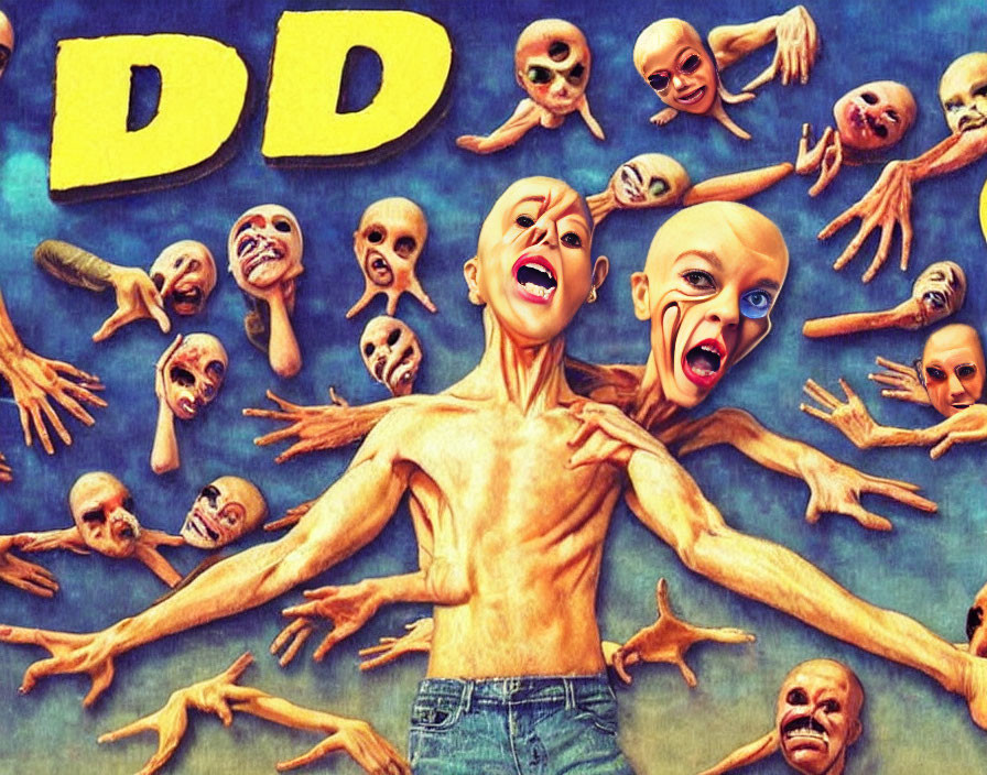 Surreal collage with shirtless figure, outstretched arms, floating faces, and "DD