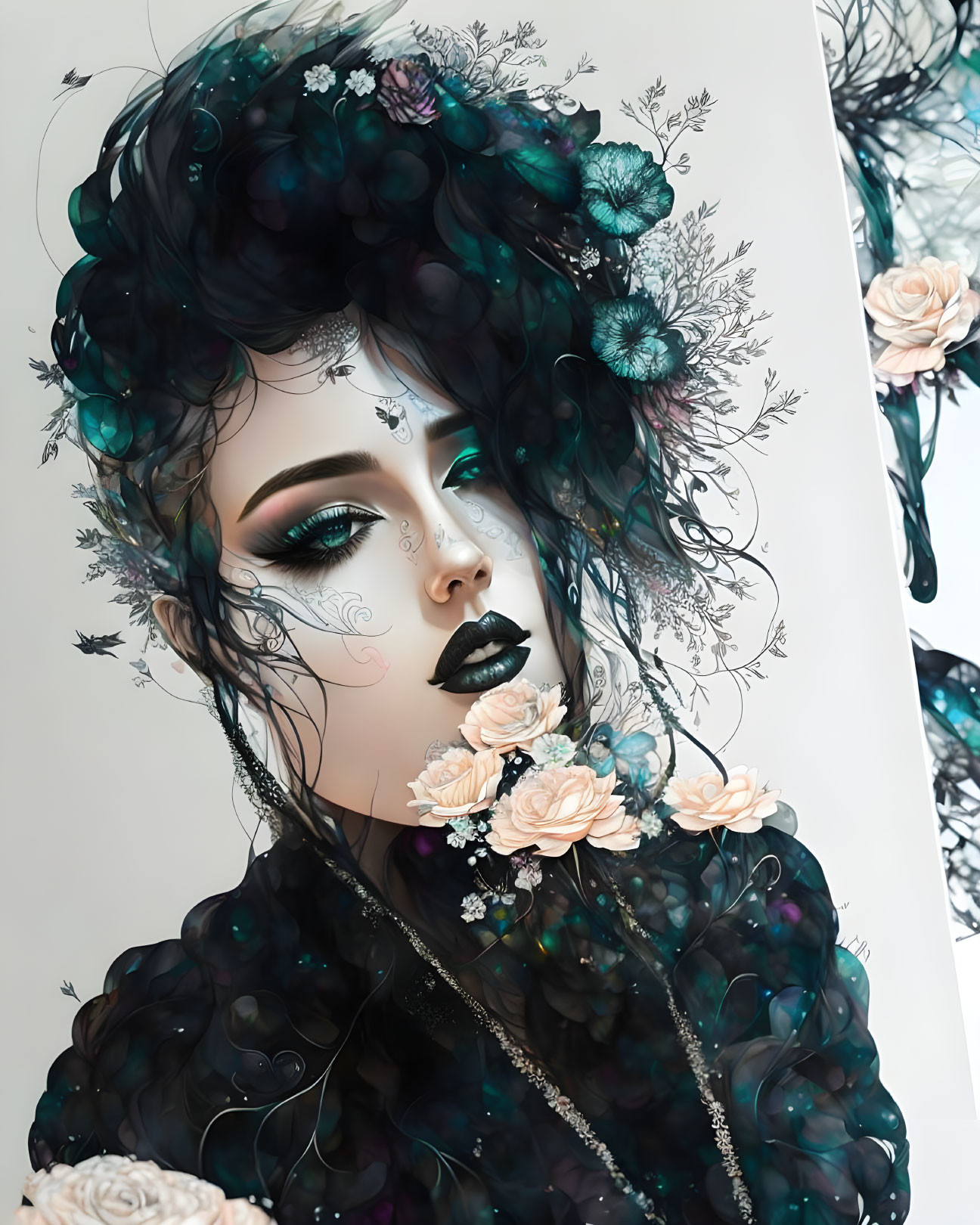 Detailed Artistic Illustration of Woman with Dark Floral Hair