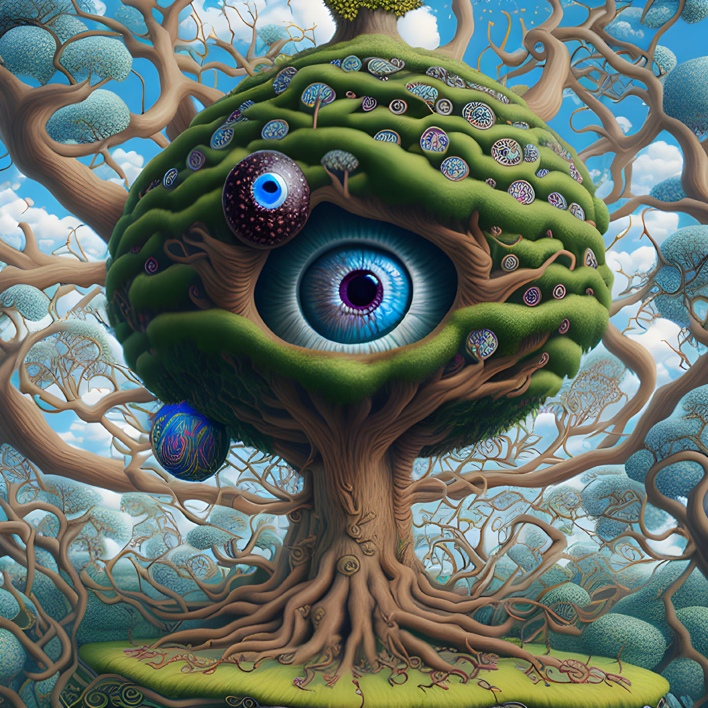 Fantastical tree with large eyes and patterned growths in blue forest landscape