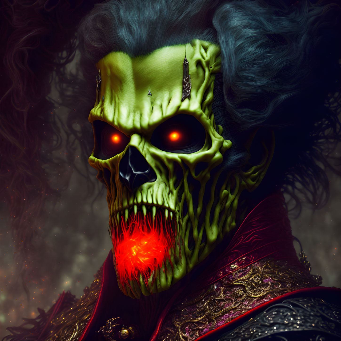 Sinister skull with glowing red eyes and green visage in dark clothing