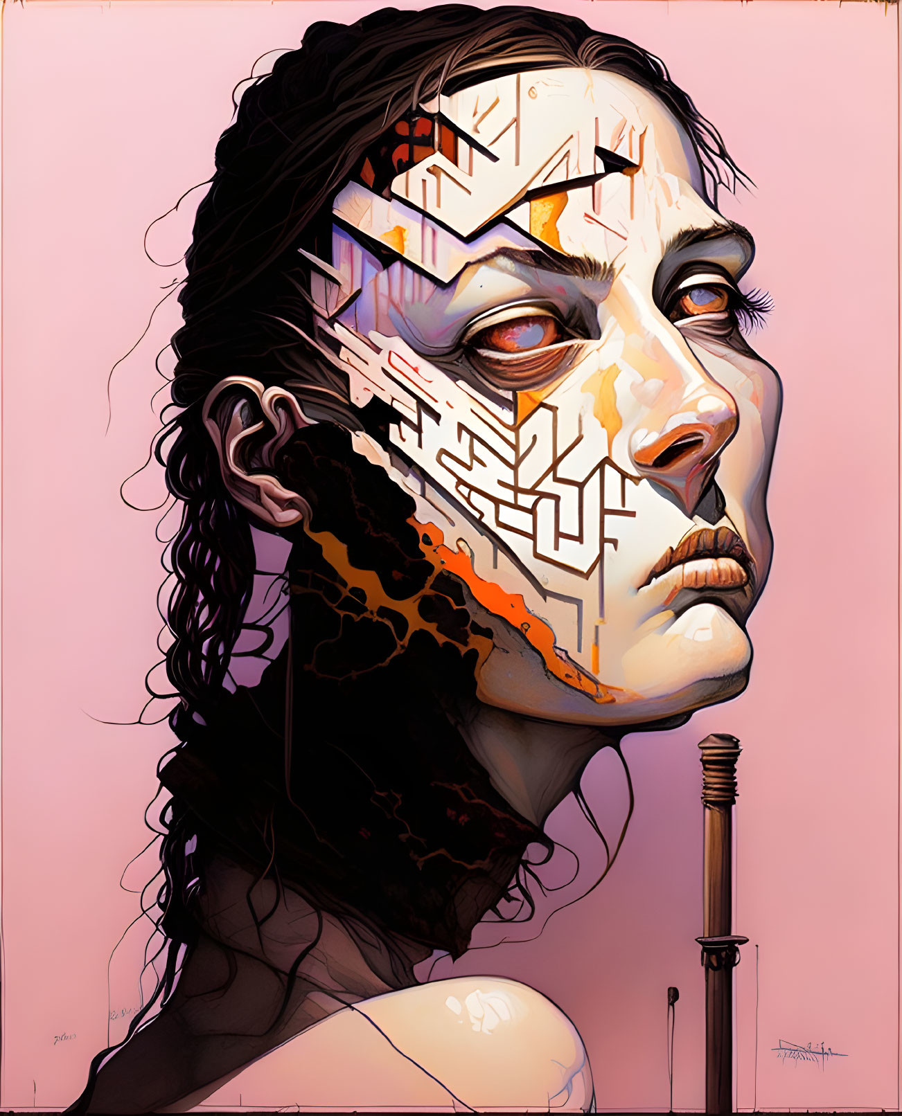 Futuristic mechanical woman's face on pink background