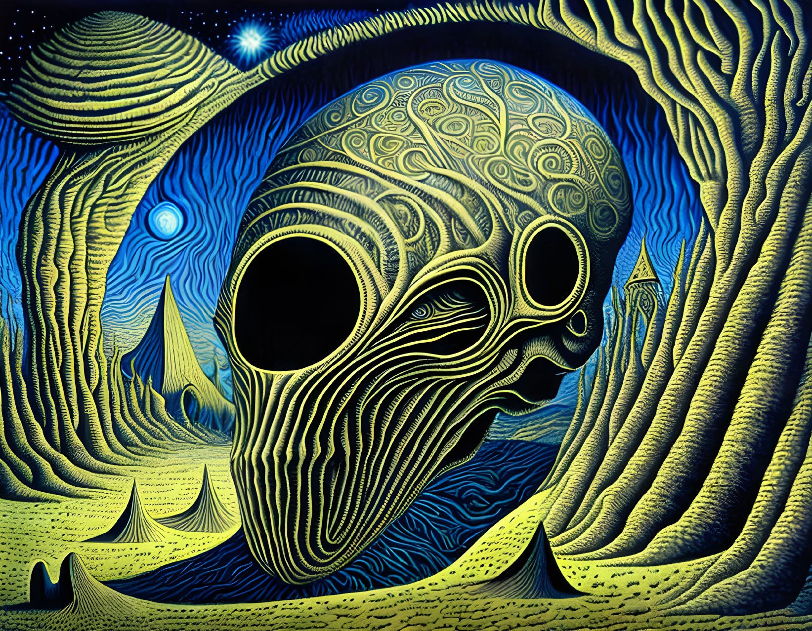 Psychedelic skull illustration with intricate patterns and celestial landscape