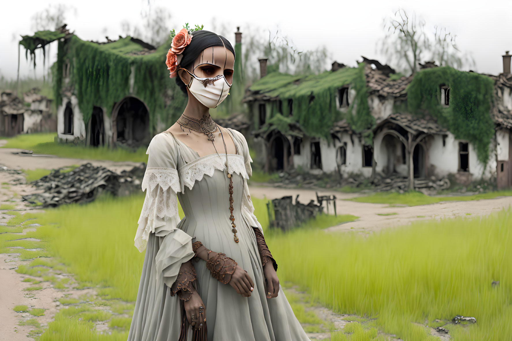 Person in vintage clothing with face mask in front of overgrown dilapidated houses