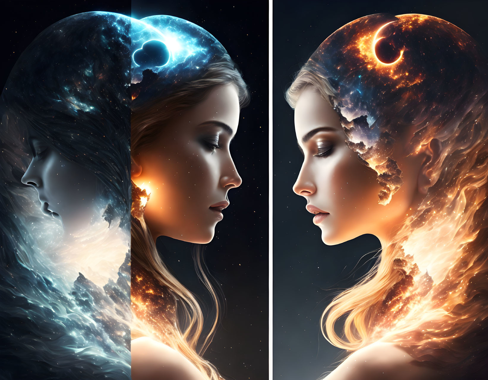 Celestial-themed digital art diptych of woman profiles