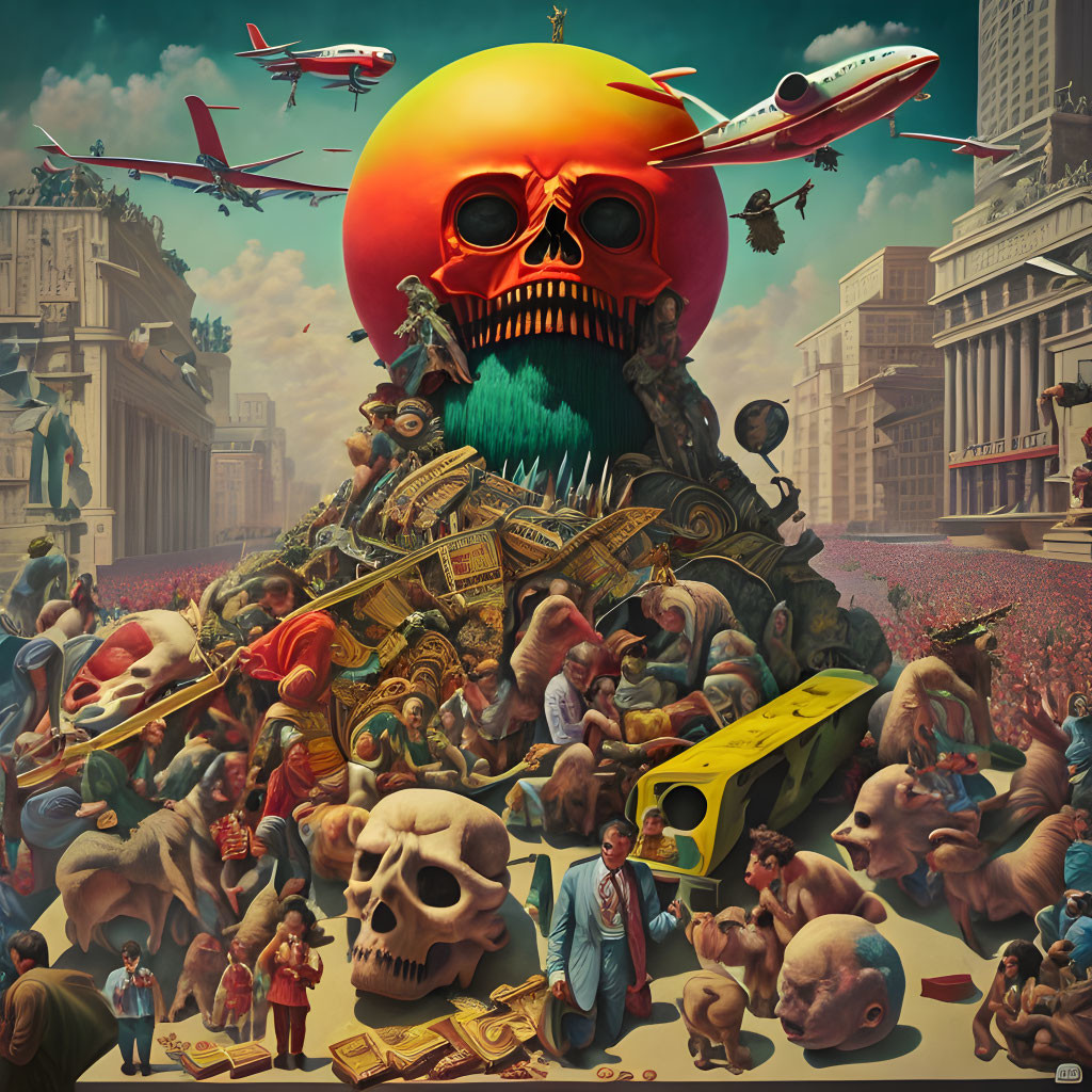 Surreal artwork: giant skull with modern symbols in bustling cityscape