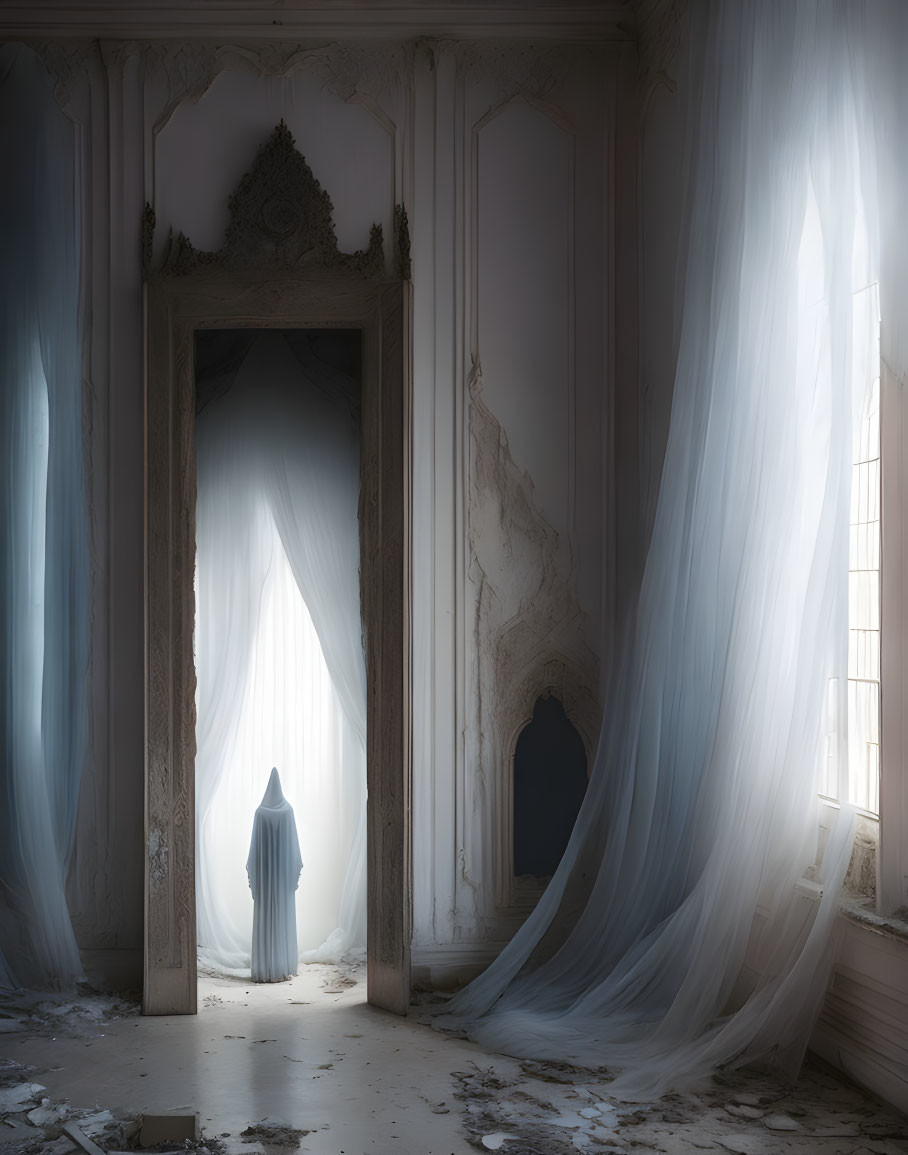 Cloaked figure in dilapidated room with billowing curtains