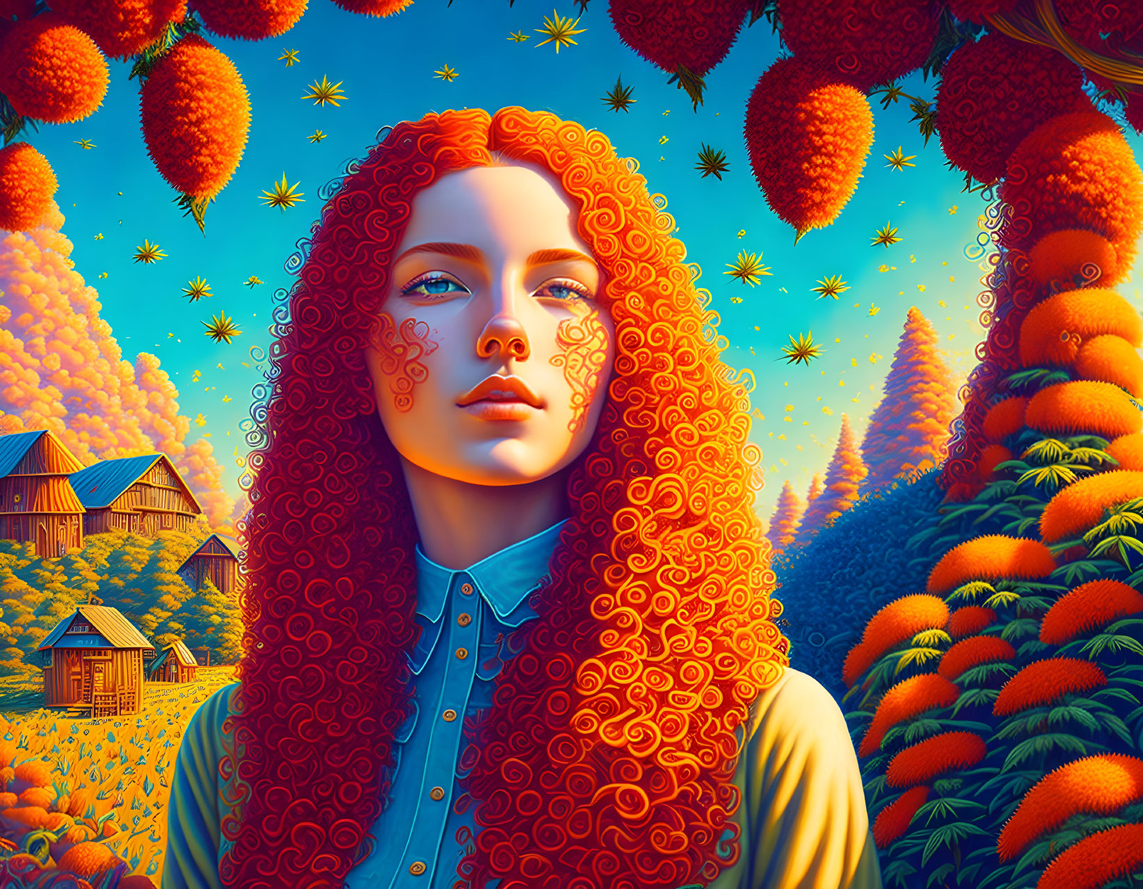 Surreal portrait of woman with red curly hair in orange landscape