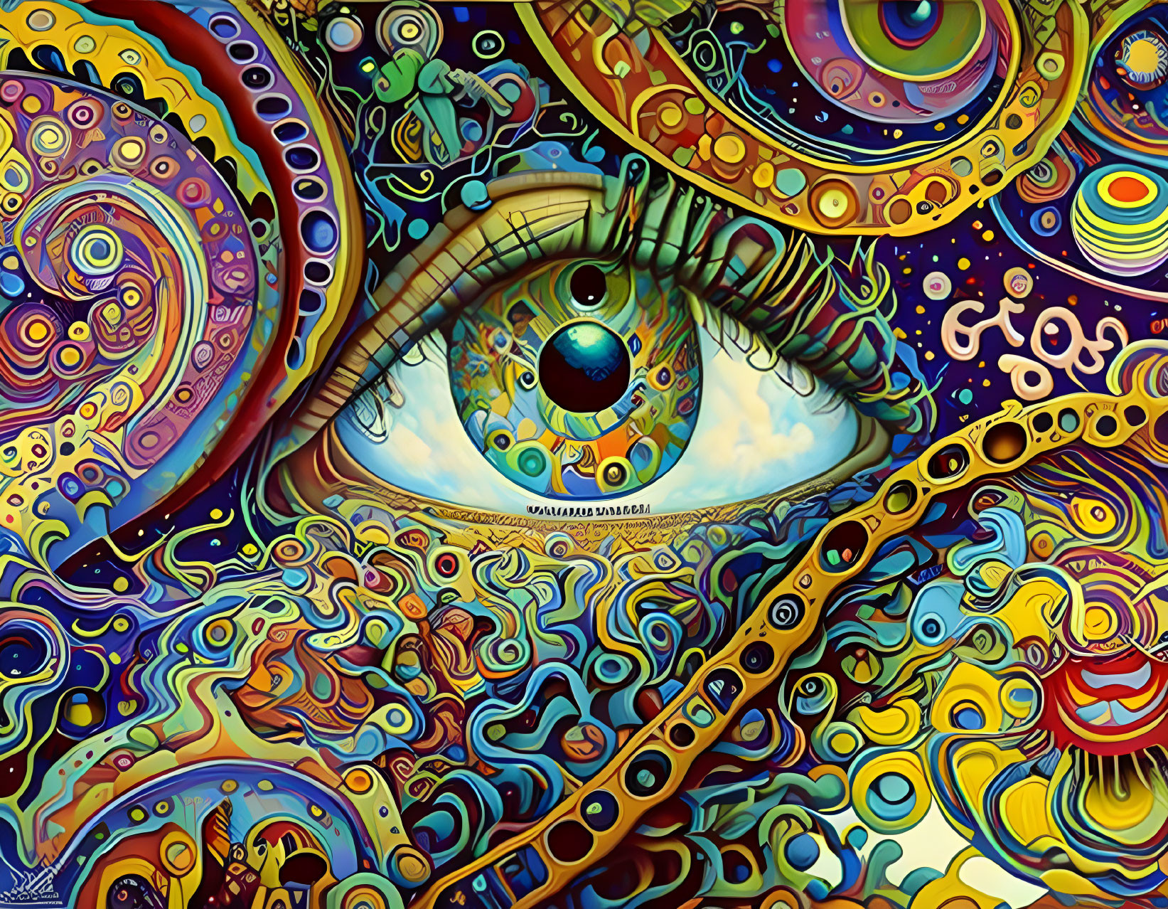 Colorful Psychedelic Painting with Eye and Cosmic Motifs