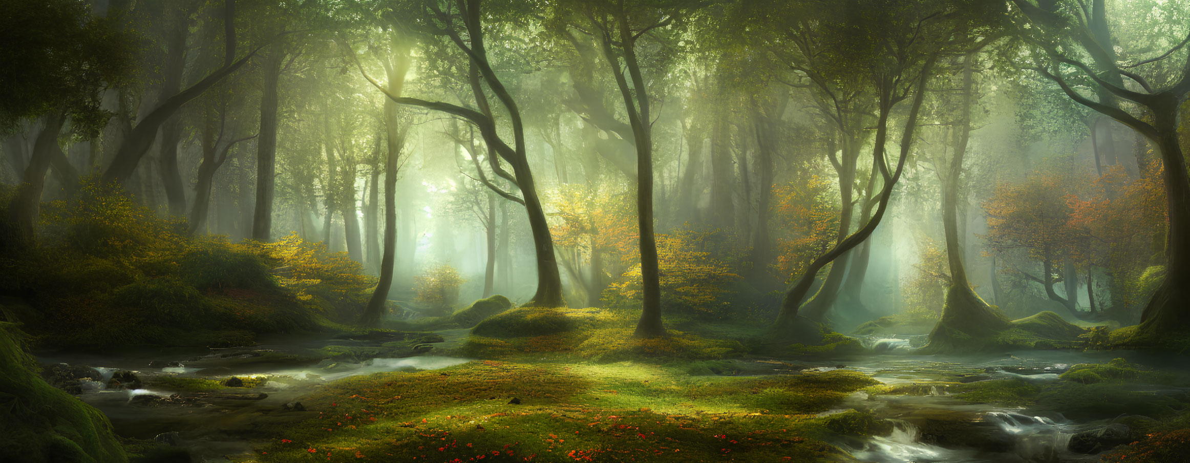 Tranquil forest landscape with sunlight, green foliage, stream, and autumn leaves