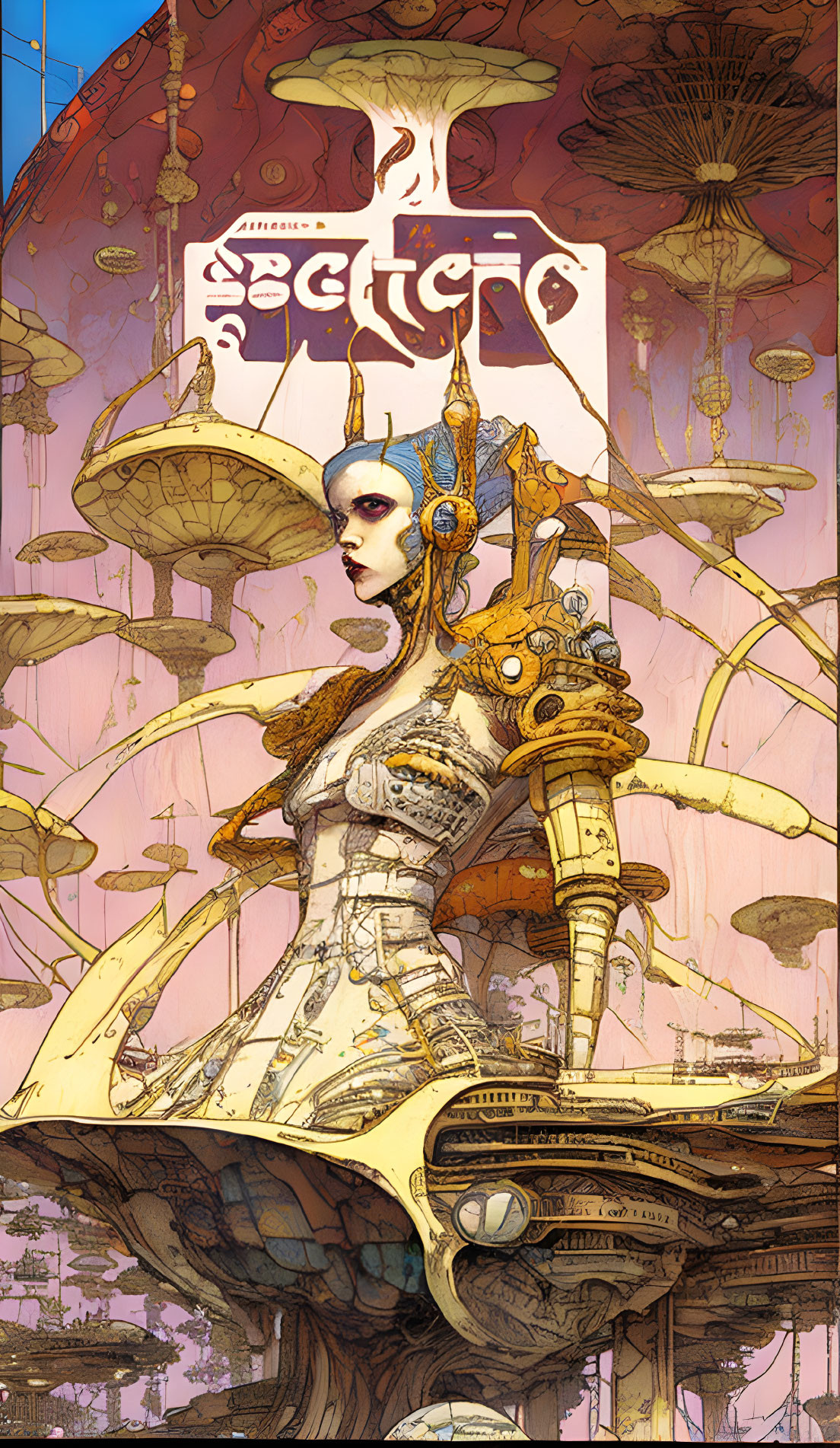 Futuristic steampunk woman with mechanical arms and giant mushroom backdrop