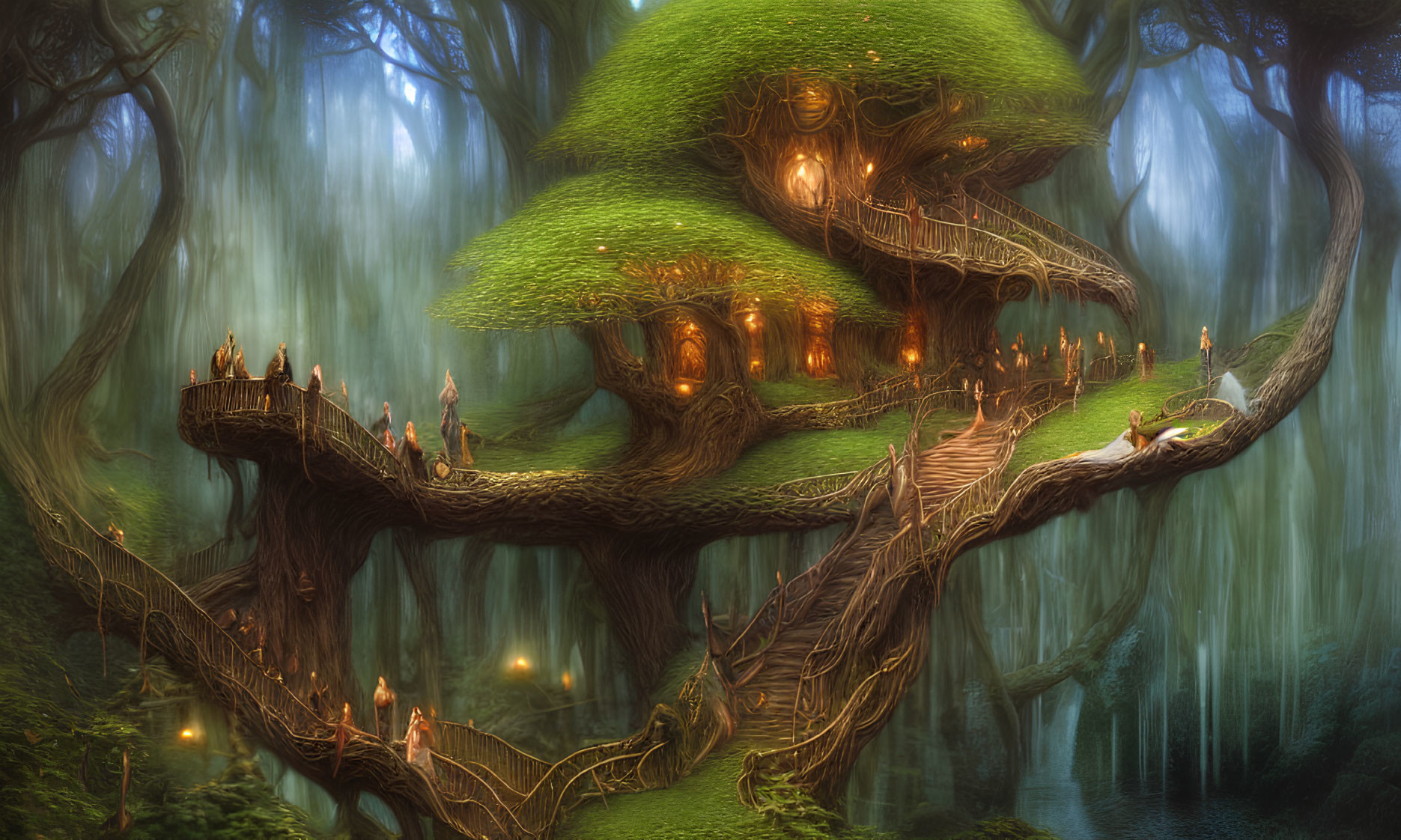 Elaborate treehouse in enchanted forest with warm lights