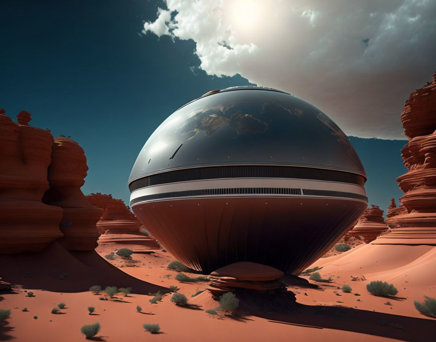 Futuristic spherical spaceship on desert with red rock formations