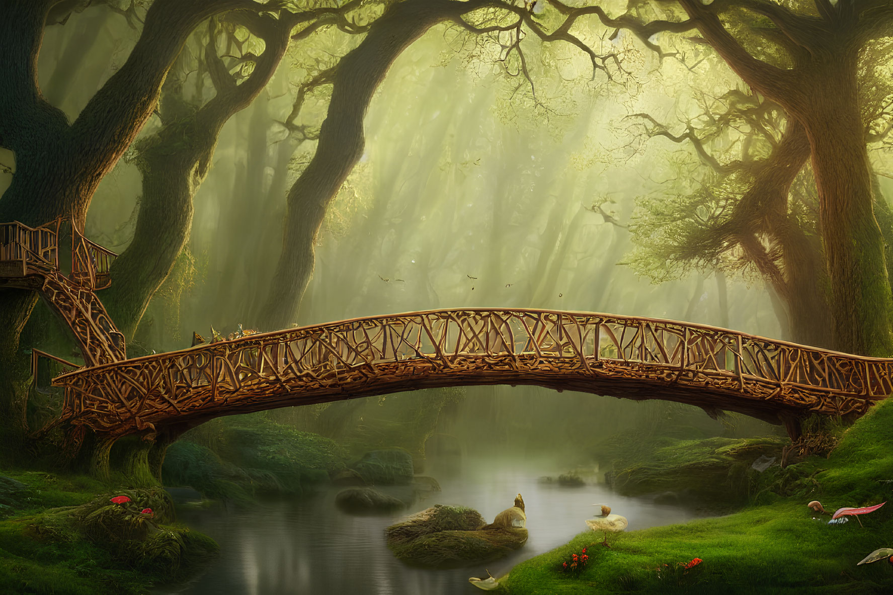 Tranquil forest scene with wooden bridge, lush greenery, sunlight, and vibrant flora