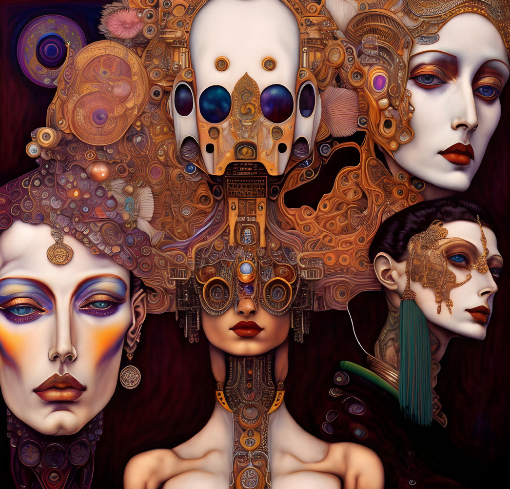 Four Stylized Faces with Mechanical Details and Dark Color Palette