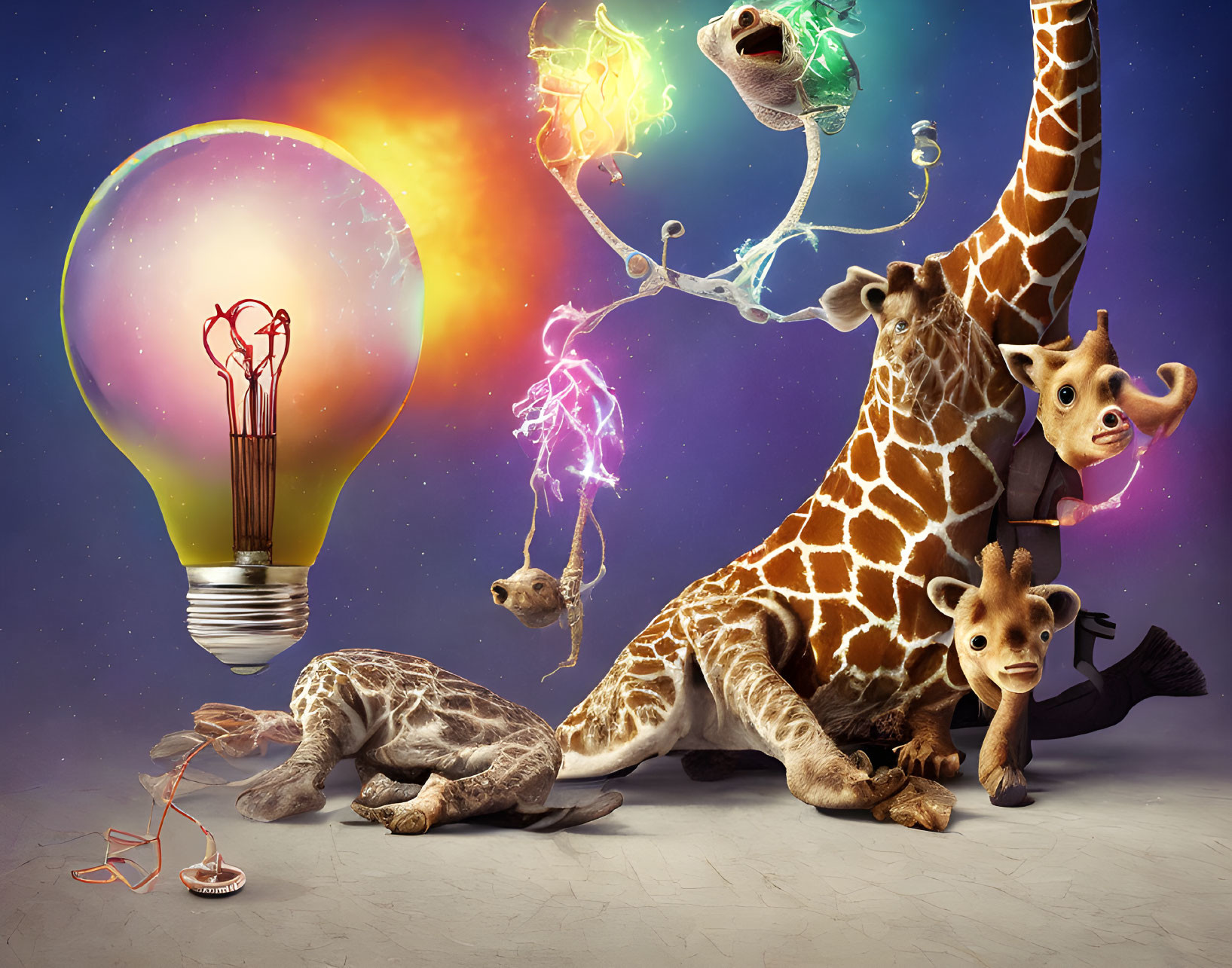 Surreal image: Multiple giraffes with elongated features and cosmic backdrop