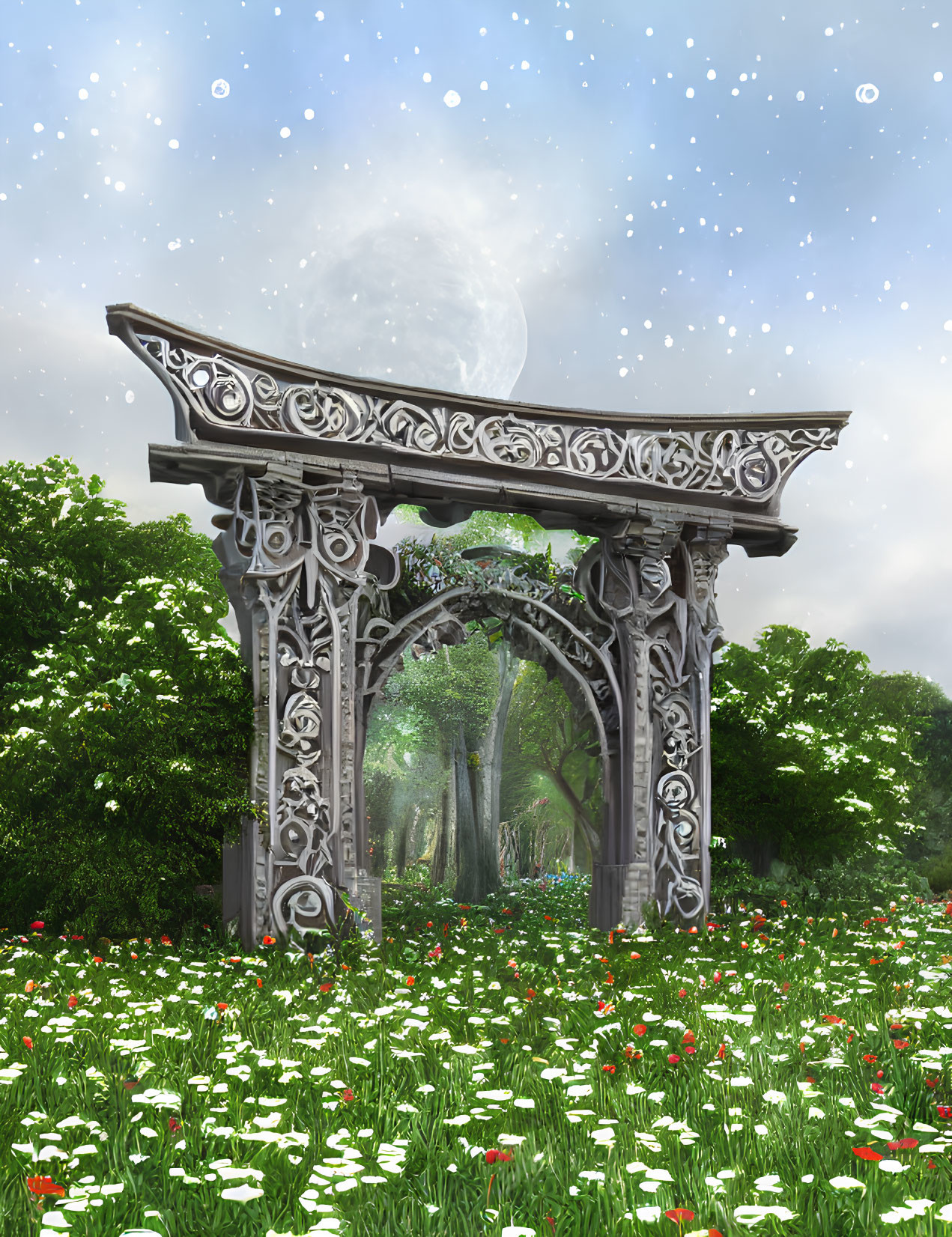 Stone archway surrounded by red and white flowers in a forest under a starry sky