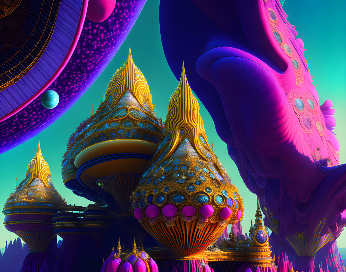 Colorful alien landscape with ornate structures and floating orbs under purple sky