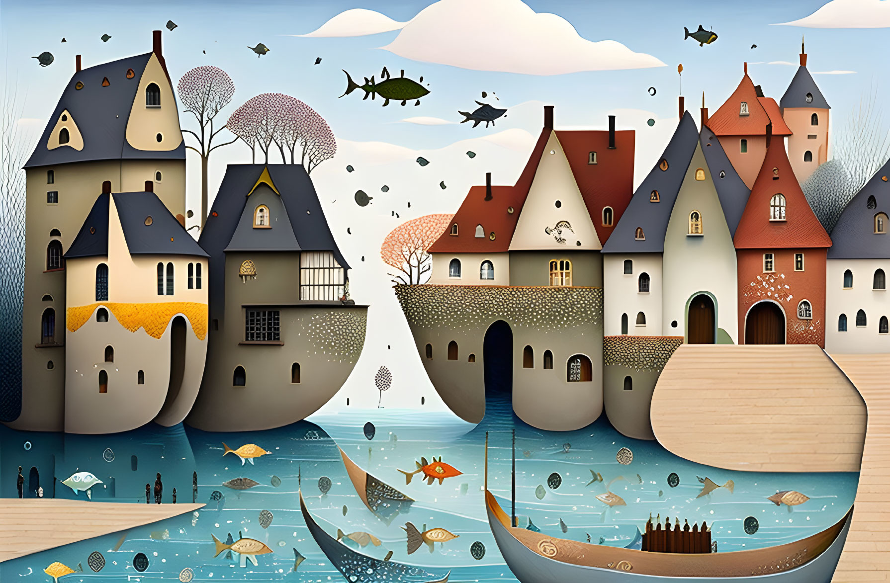 Whimsical town illustration with teapot-shaped houses, fish in the air, and floating boats